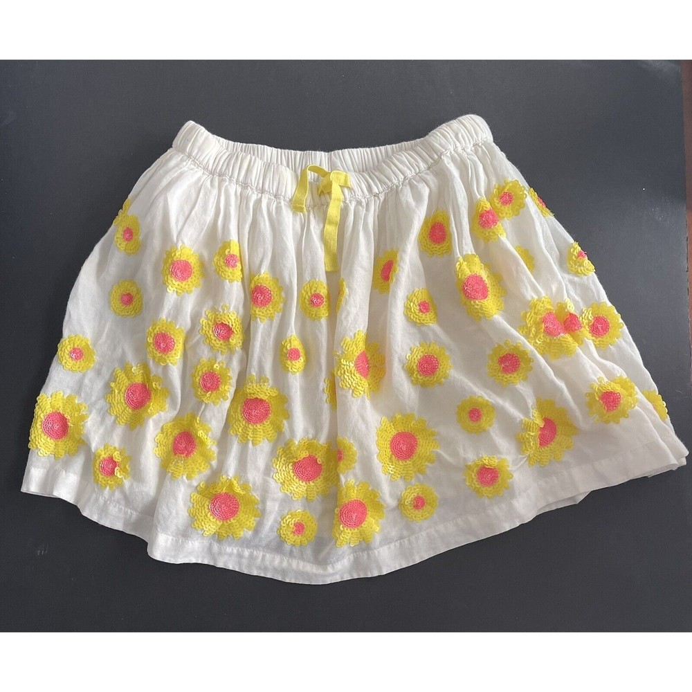 Mini Boden Skirt Girls 6 7 White Yellow Orange Sequin Flowers Lined Gathered